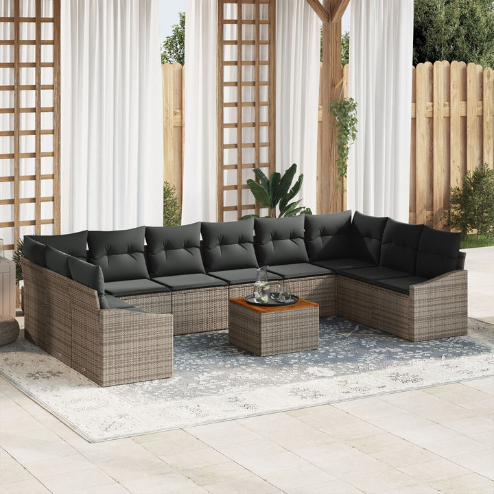 11 Stykke Have Sofa Sæt med Puder Grå Poly Rattan Akacie