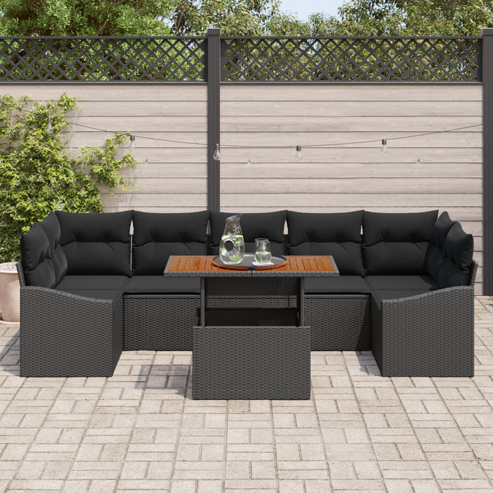 Have Sofa Sæt 8 Dele Sort Rattan, Træ Sofa Sæt Rektangulær