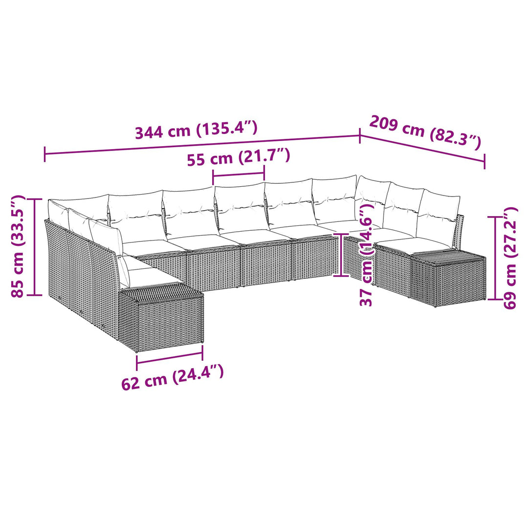 10 dele have sofa sæt med puder grå poly rattan