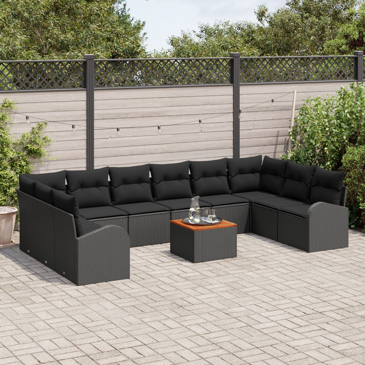 11-deles Have Sofa Sæt med Puder Sort Polyrattan Akacietræ