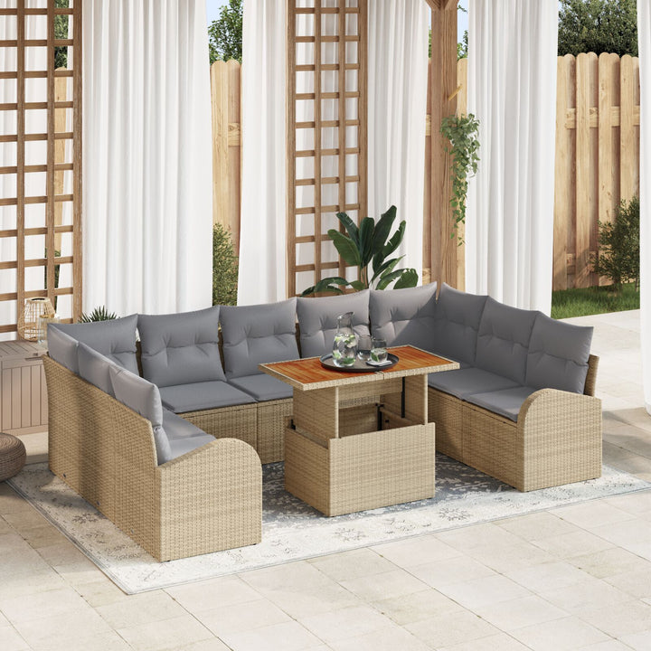 10 Delers Have Spisebord Sæt med Puder Beige Poly Rattan Akacia