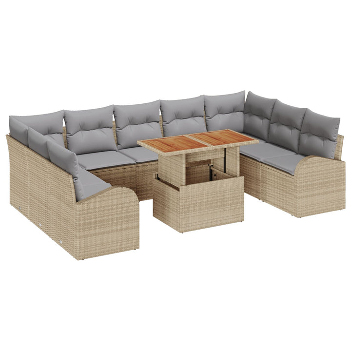 10 Delers Have Spisebord Sæt med Puder Beige Poly Rattan Akacia