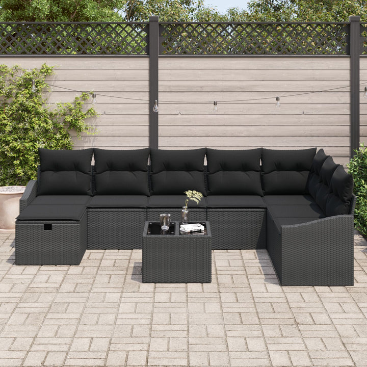 9-delt Havensofa Sæt med Puder Sort Poly Rattan