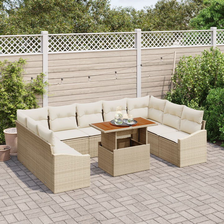 10 Dels Have Spisesæt med Puder Beige Poly Rattan Akacie