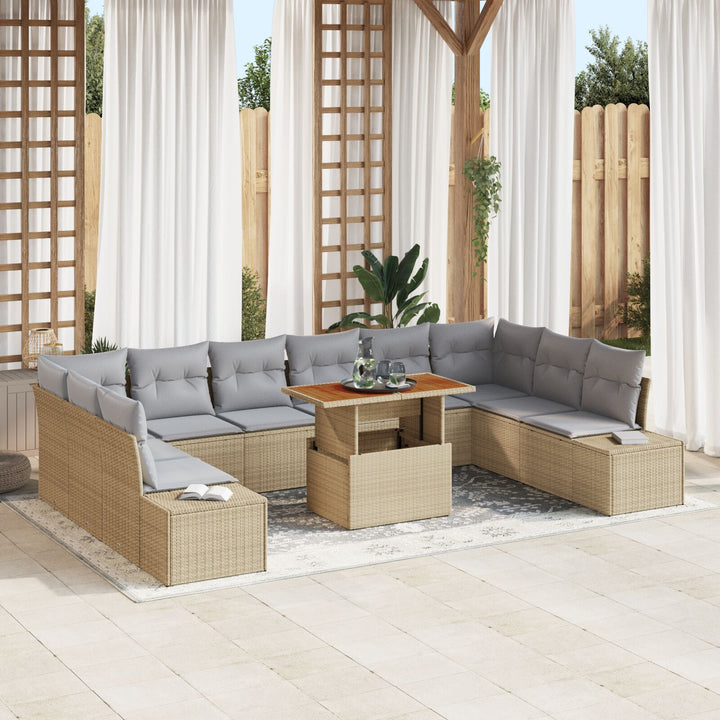 11-piece Havemøbel Sæt med Hynder Beige Poly Rattan
