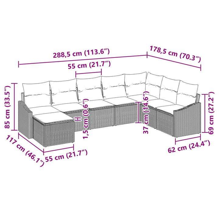 Havensofa Sæt Sæt med 8 Sort Poly rattan, Stål, Stof
