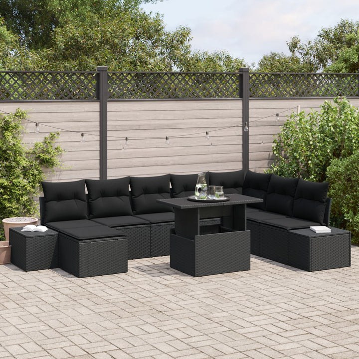 Have Sofa Sæt Sæt af 9 Sort Rattan Havehjørnesofa Rektangulær