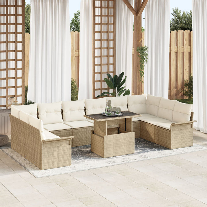 11 Stykker Havemøbel Sæt med Puder Beige Poly Rattan
