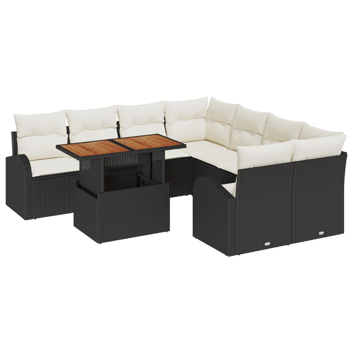 9-delte Have Spisestel med Puder Sort Poly Rattan Akacia