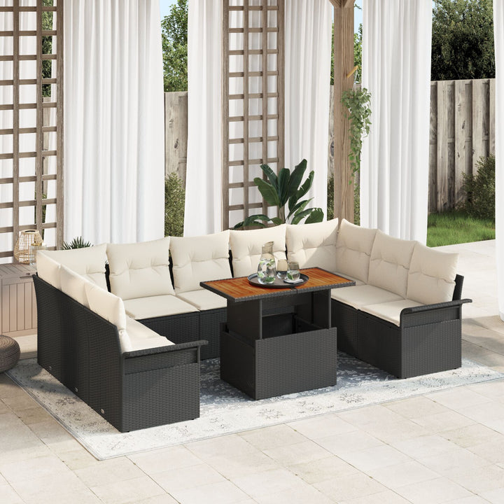 10 Del Have Dining Sæt med Puder Sort Poly Rattan Akacia