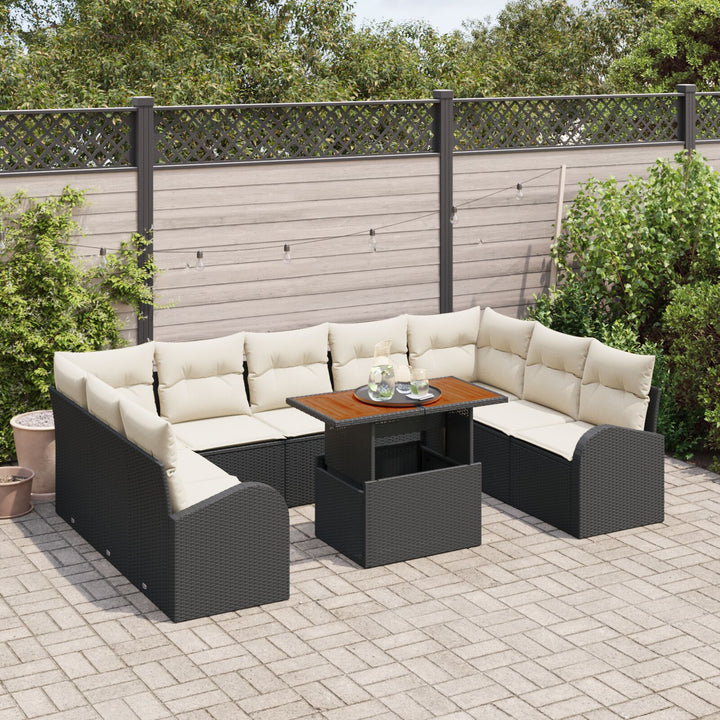 10-delt Have Spisestel med Puder Sort Poly Rattan Akacia