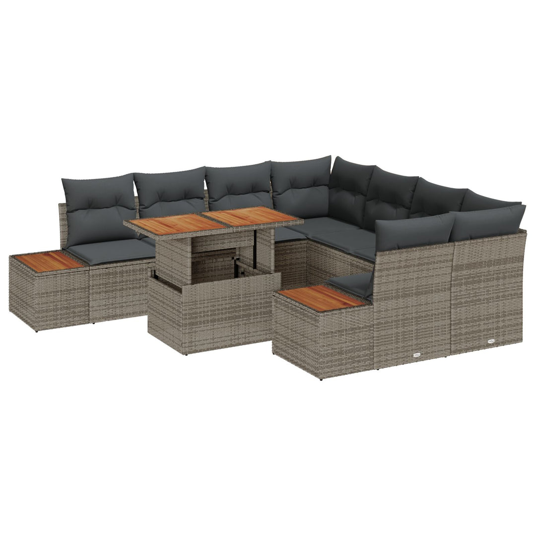 Have Sofa Sæt 9 Deler Grå Flet og Træ Have Sofa Sæt Rektangulær