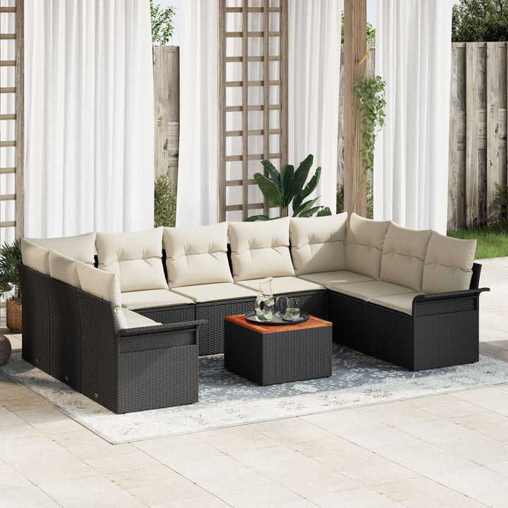 10 Stykke Have Sofa Sæt med Puder Sort Poly Rattan Akacia