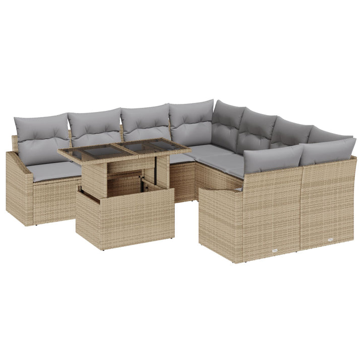 Have Sofa Sæt 9 Stykker Lysebrun og Grå Rattan og Stof