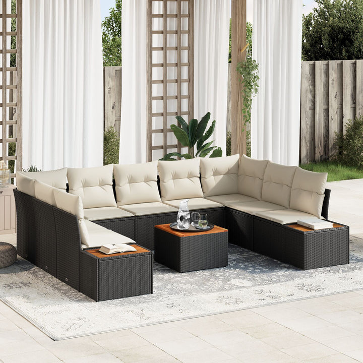10 Stykke Have Sofa Sæt med Puder Sort Poly Rattan Akacia