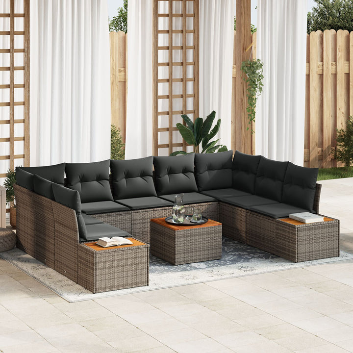 10 Stykker Have Sofa Sæt med Puder Grå Poly Rattan Akacia