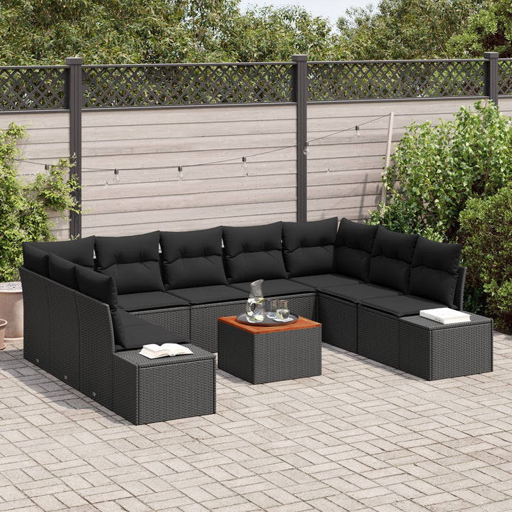 10 Stk Have Sofa Sæt med Puder Sort Poly Rattan Akacie