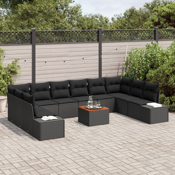 11 Stykker Havemøbel Sæt med Puder Sort Poly Rattan Acacia