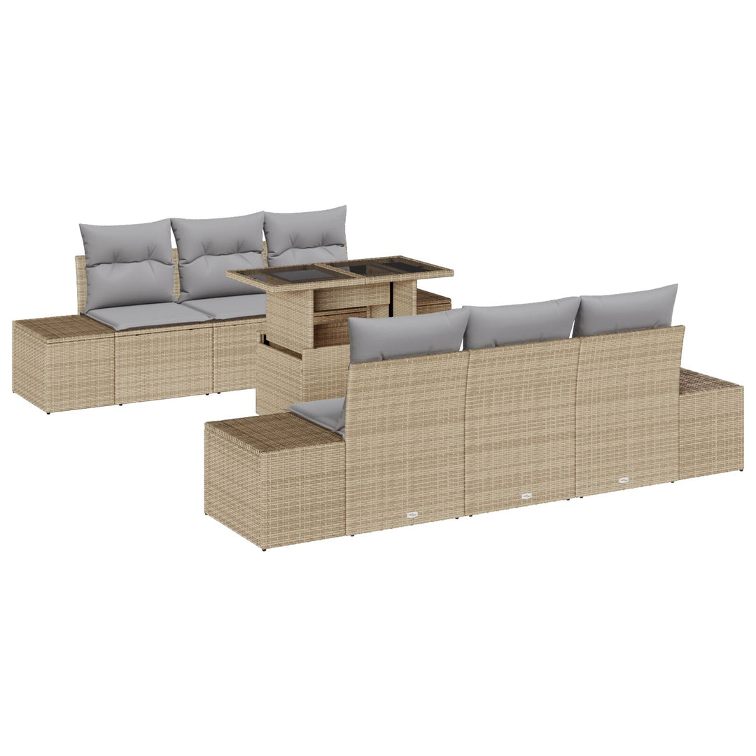 Havesofa Sæt 7 Deler Beige, Grå Rattan, Polyester Udendørs Bord
