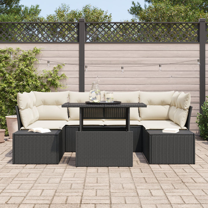 Have Sofa Sæt 7 Delt Sort og Creme Poly Rattan, Stål, Stof
