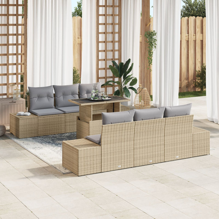 Havesofa Sæt 7 Deler Beige, Grå Rattan, Polyester Udendørs Bord