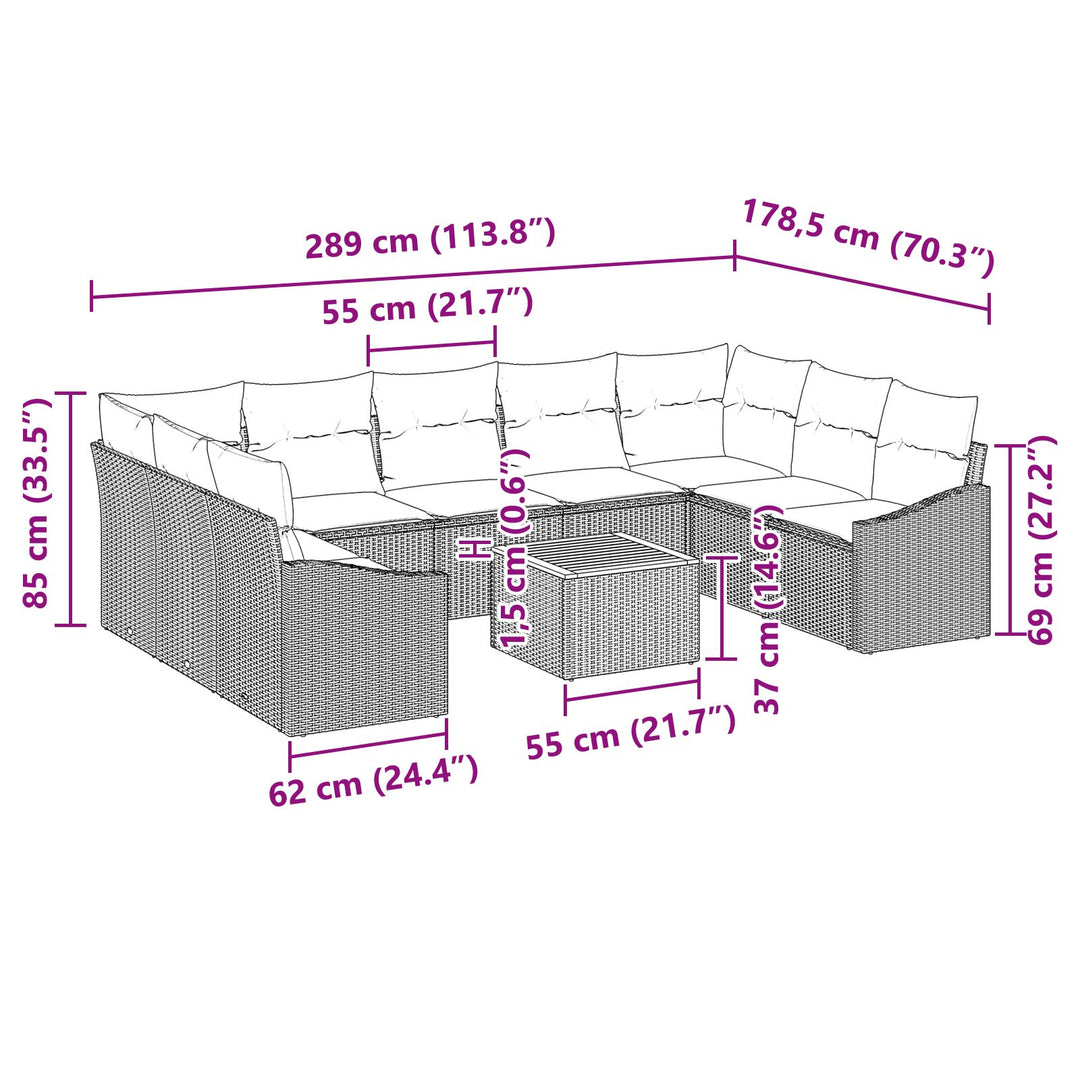 10 Stykker Have Sofa Set med Puder Sort Poly Rattan Akacietræ