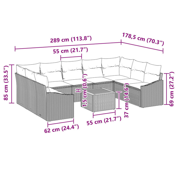 10 Stykker Have Sofa Set med Puder Sort Poly Rattan Akacietræ