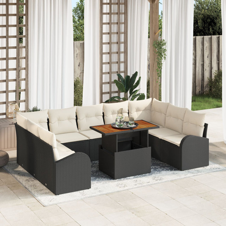 10-delt Have Spisestel med Puder Sort Poly Rattan Akacia