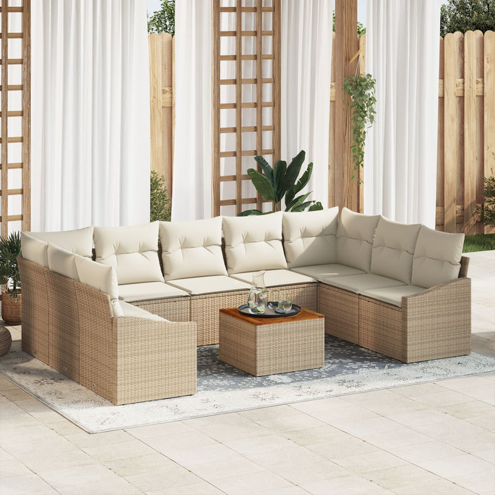 10 Deles Have Sofa Sæt med Puder Beige Poly Rattan Akacietræ