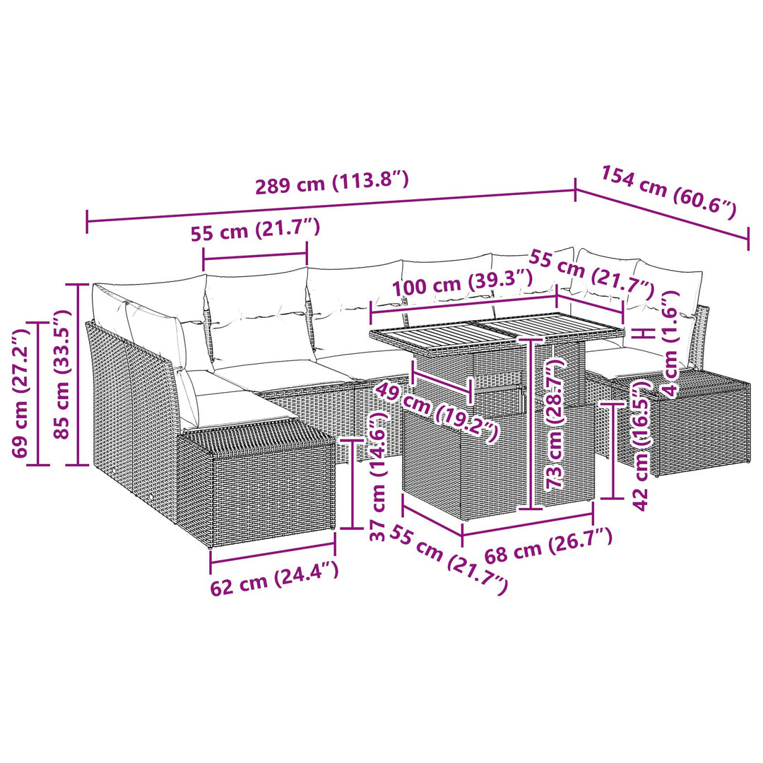 Have Sofa Set Sæt af 8 Naturlig beige, grå Poly rattan, hærdet glas