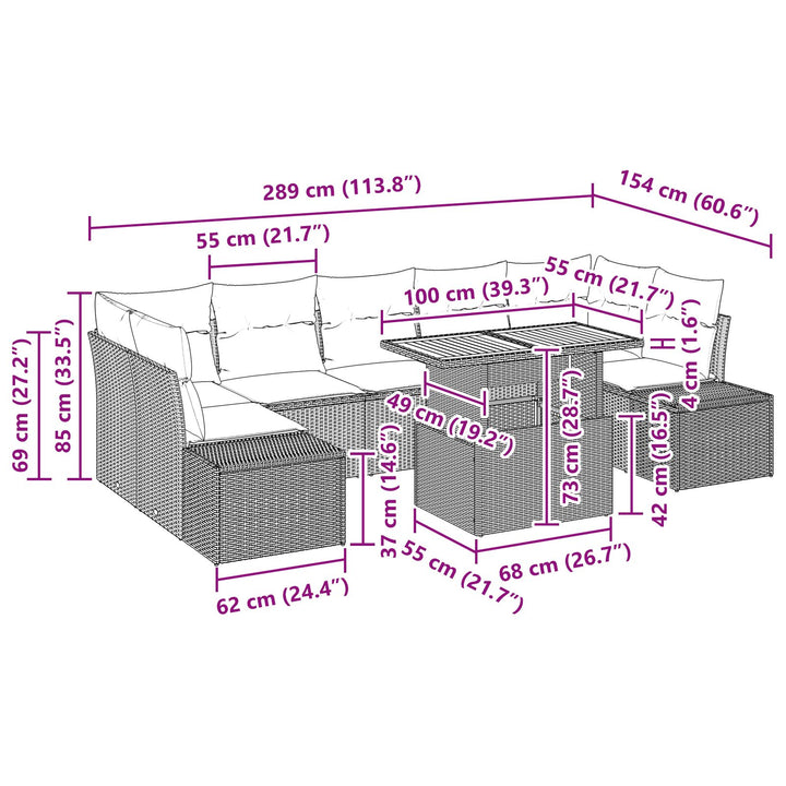 Have Sofa Set Sæt af 8 Naturlig beige, grå Poly rattan, hærdet glas