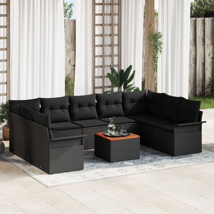 10 Styk Have Sofa Sæt med Puder Sort Poly Rattan Akacie