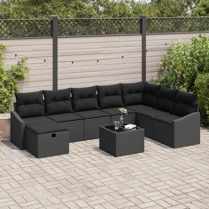 9-delt Havensofa Sæt med Puder Sort Poly Rattan