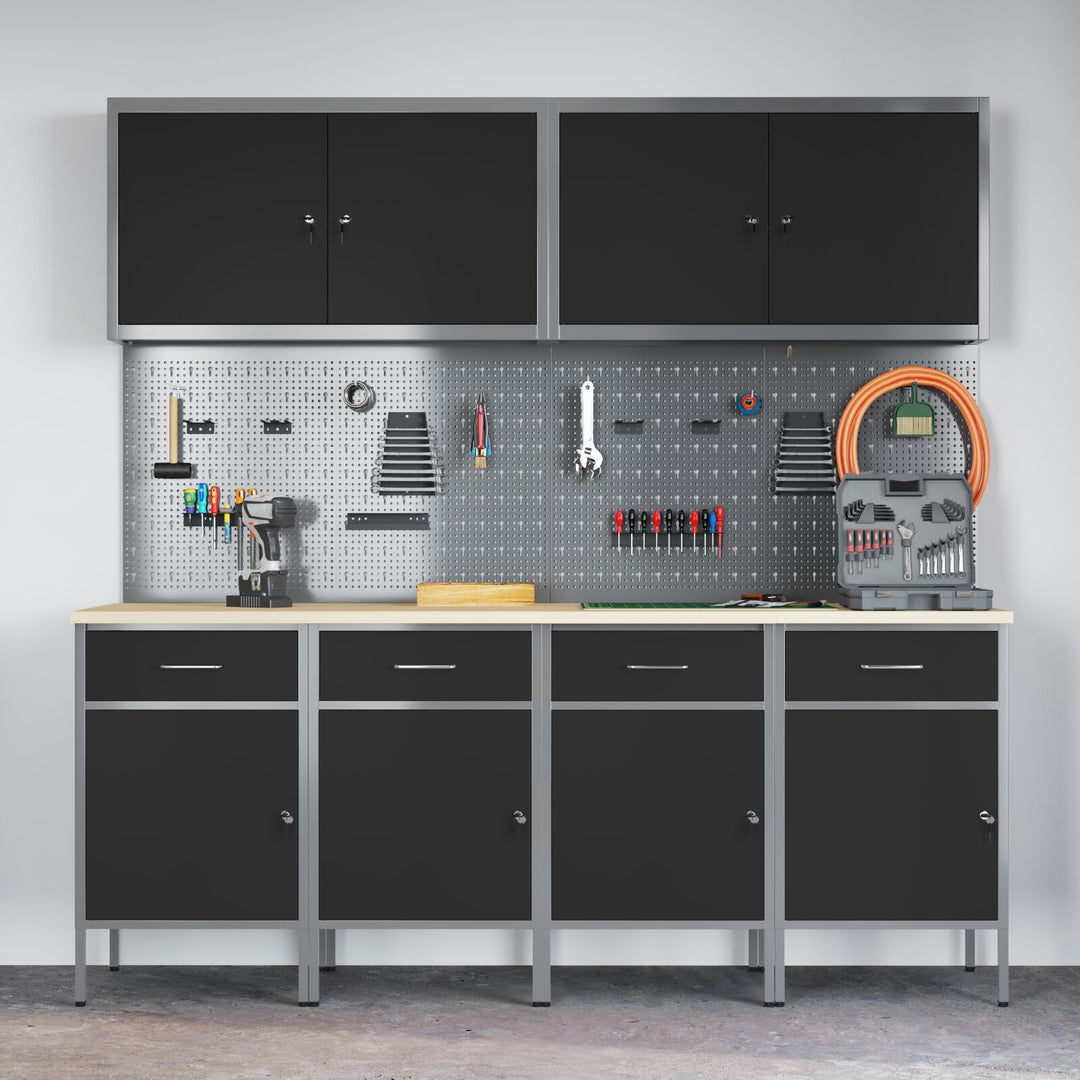 10-delt værkstedsskab og pegboard sæt i sort MDF og metal