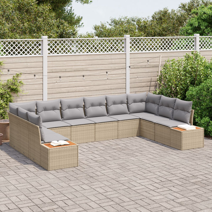 10 Stykker Have Sofa Sæt med Puder Beige Poly Rattan Akacia