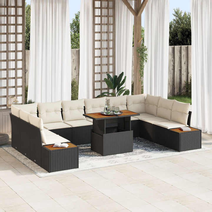 11-delt Have Spisegruppe med Puder Sort Poly Rattan Akacie