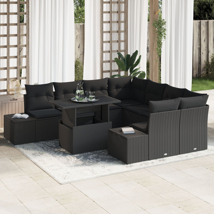 Havnesofa sæt Sæt af 9 Sort Rattan, Polyester, Glas Havnesofa sæt