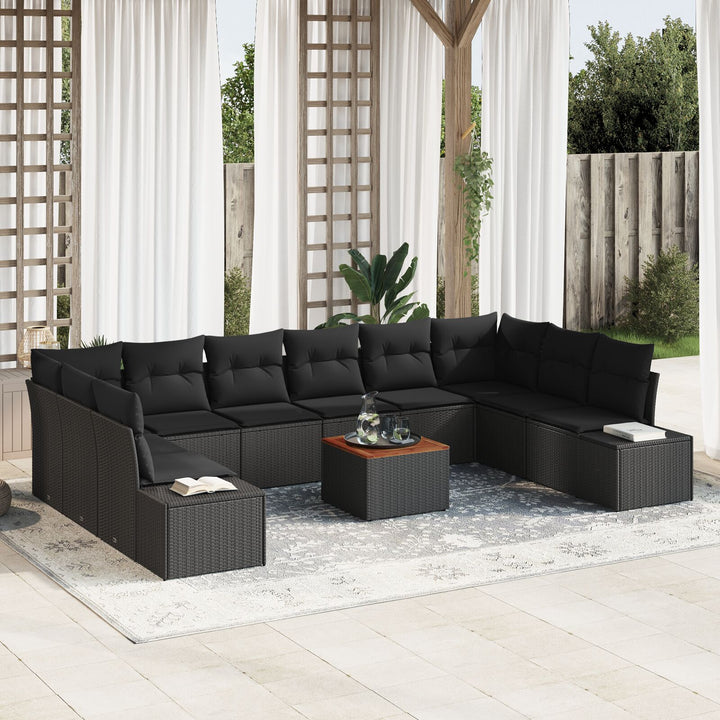 11 Stykker Havemøbel Sæt med Puder Sort Poly Rattan Acacia