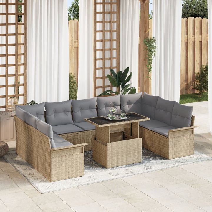 10 Stykke Have Sofa Sæt med Puder Beige Poly Rattan