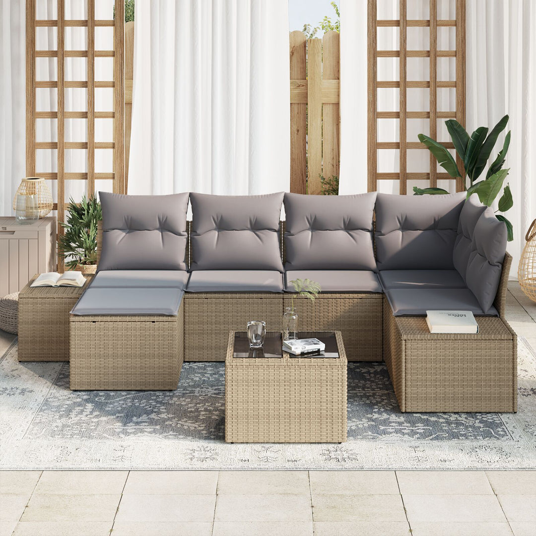 Have Sofa Sæt 7 Dele Beige og Grå Rattan, Polyester Hjørnesofa