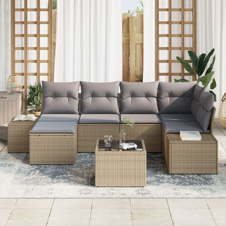 Have Sofa Sæt 7 Dele Beige og Grå Rattan, Polyester Hjørnesofa