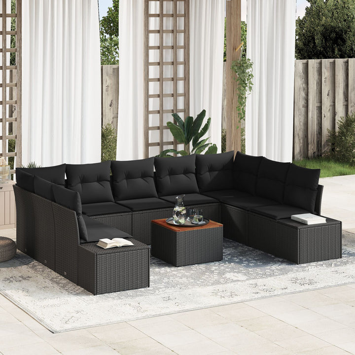 10 Stk Have Sofa Sæt med Puder Sort Poly Rattan Akacie