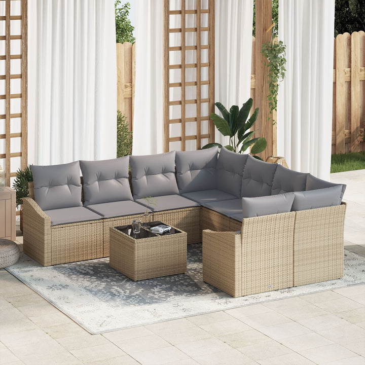 Hav Sofa Sæt 9 Deles Sæt Beige, Grå Rattan, Polyester