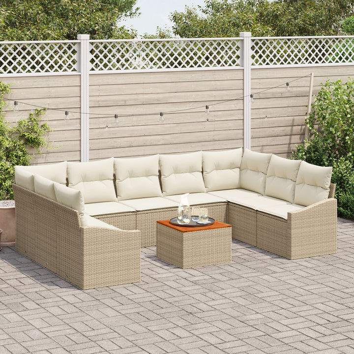 10 Deles Have Sofa Sæt med Puder Beige Poly Rattan Akacietræ
