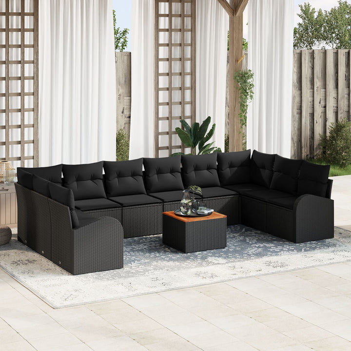 11-deles Have Sofa Sæt med Puder Sort Polyrattan Akacietræ