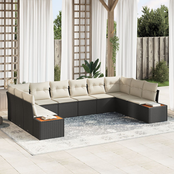 10 Deles Have Sofa Sæt med Hynder Sort Polyrattan Akacie