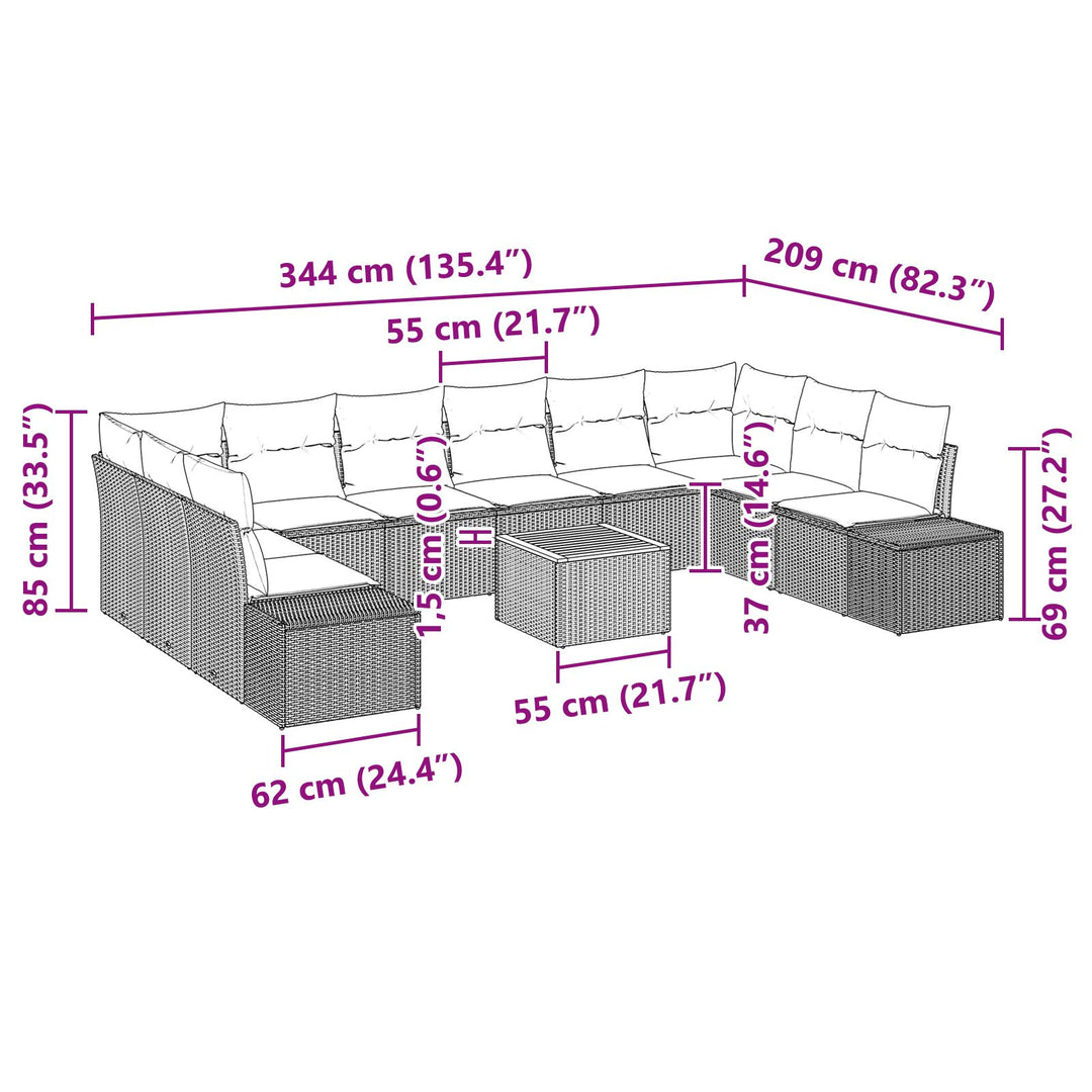 11 dele have sofa sæt med puder beige poly rattan akaci