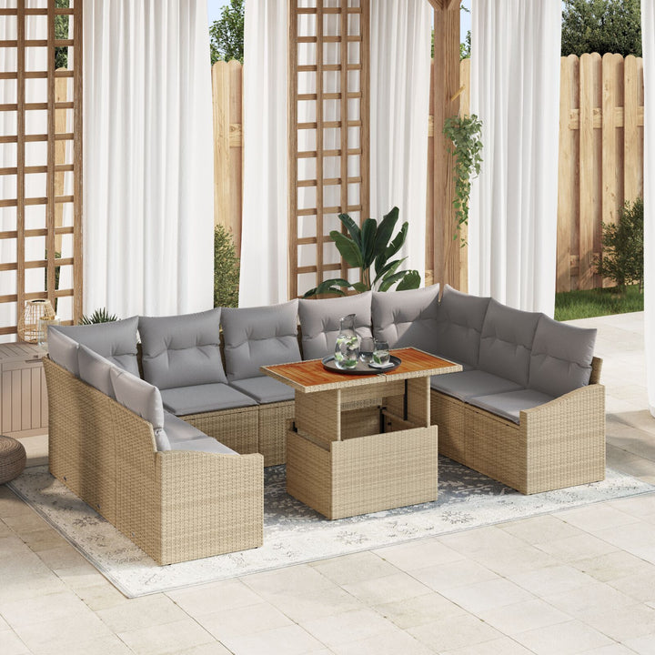 10-delt Have Sofa Sæt med Puder Beige Poly Rattan