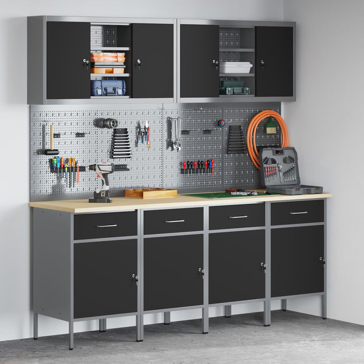 10 Styk Arbejds Skab og Pegboard Sæt Sort MDF og Metal