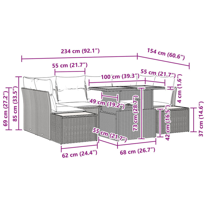 Havemøbel Sæt 6 Personer Beige Rattan, Polyester